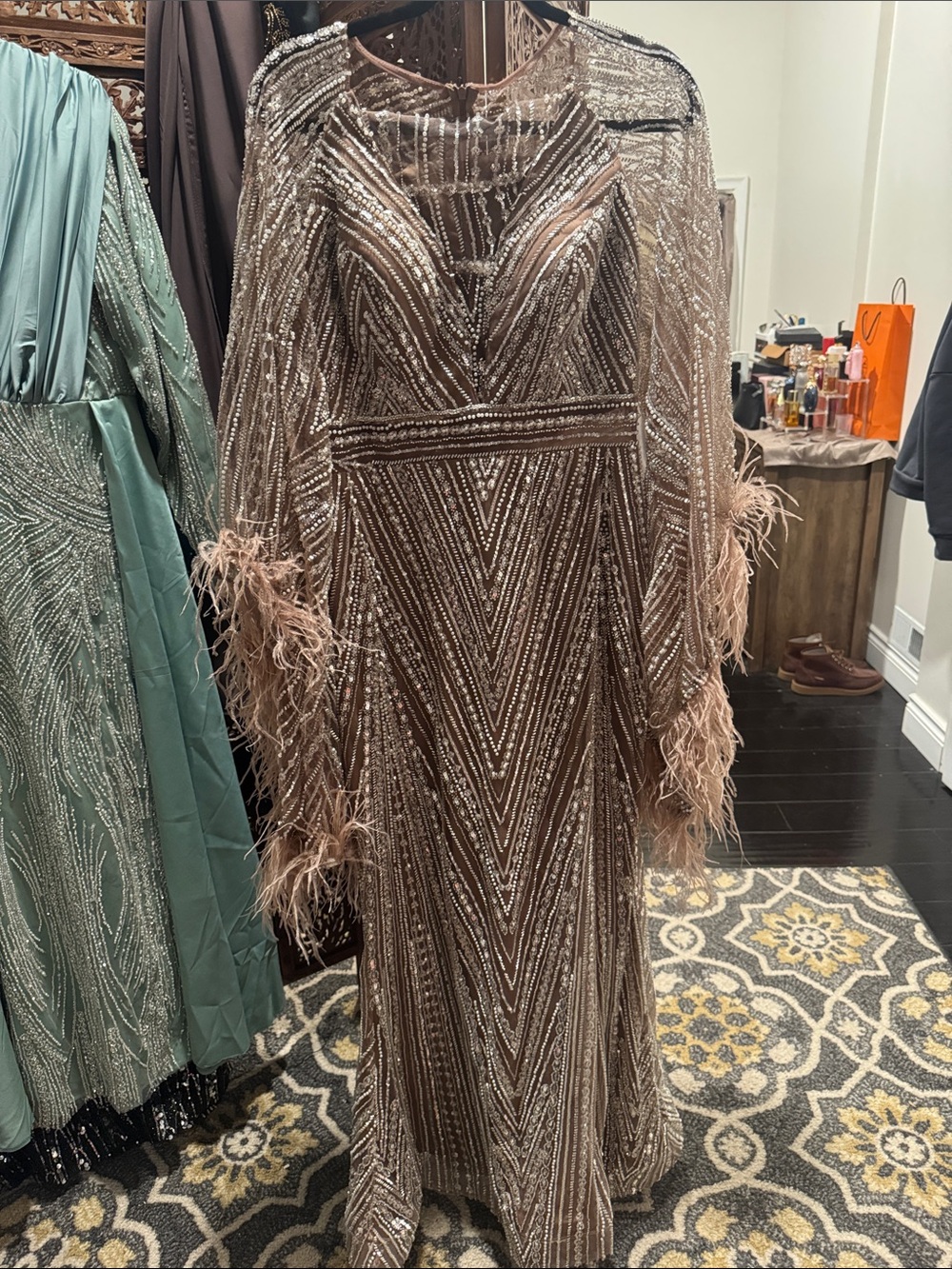Beaded Mauve Evening Gown with Feathered Sleeves